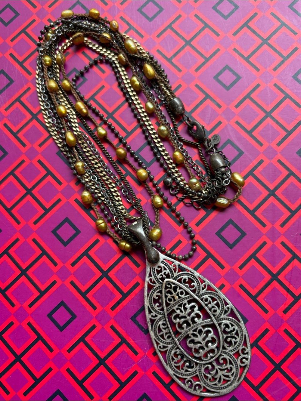 Premier Brass-Bead Multi-Strand Necklace with Filigree Teardrop Pendant